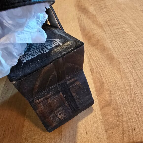 John Fluevog FLUESEUM black leather open toed wooden clog - Picture 5 of 6